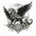 A guardian angel with wings made of intricately designed hawks, surrounded by a halo of lions tattoo design idea