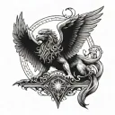 A guardian angel with wings made of intricately designed hawks, surrounded by a halo of lions tattoo design idea