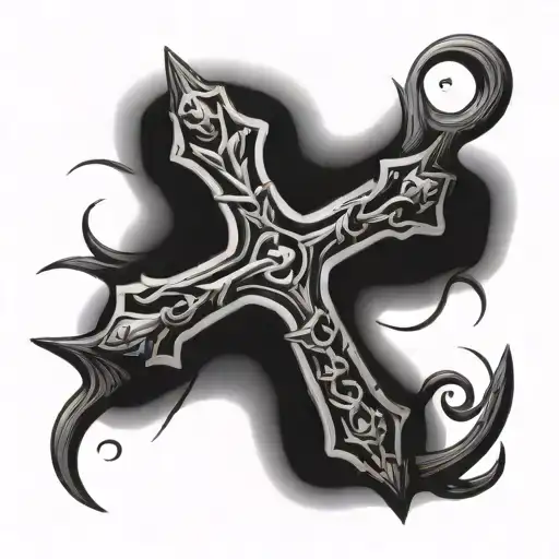 wooden cross with antlers and fish hook tattoo design idea