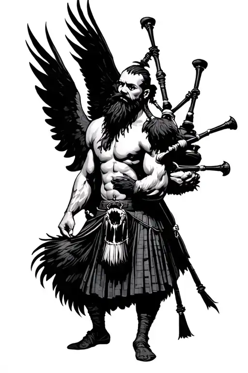 muscular bagpiper bald black beard black huge wings on his back playing the bagpipes flying crow with claws tattoo design idea