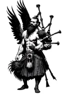 muscular bagpiper bald black beard black huge wings on his back playing the bagpipes flying crow with claws tattoo design idea