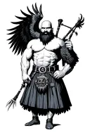 muscular bagpiper bald black beard black huge wings on his back playing the bagpipes flying crow with claws tattoo design idea