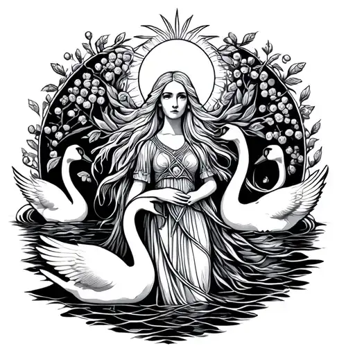 fair haired Celtic Goddess, Aine. surrounded by Swans, rowan berries and the sun tattoo design idea