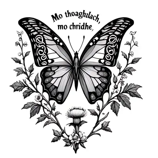 "Mo theaghlach, mo chridhe " butterfly with Celtic element to wings, thistle, vines with flowers and leaves tattoo design idea
