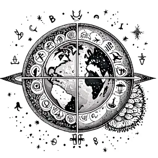 Planet earth with zodiac sign Aquarius and Libra combined with the style of a mandala tattoo design idea