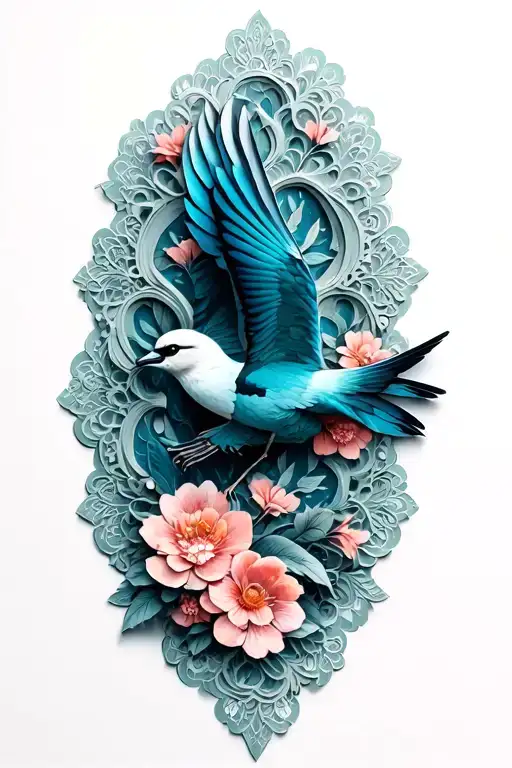 floral lace with bird flying tattoo design idea