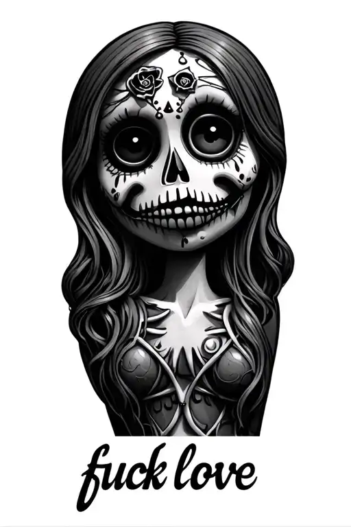"fuck love" voodoo doll tattoo design idea