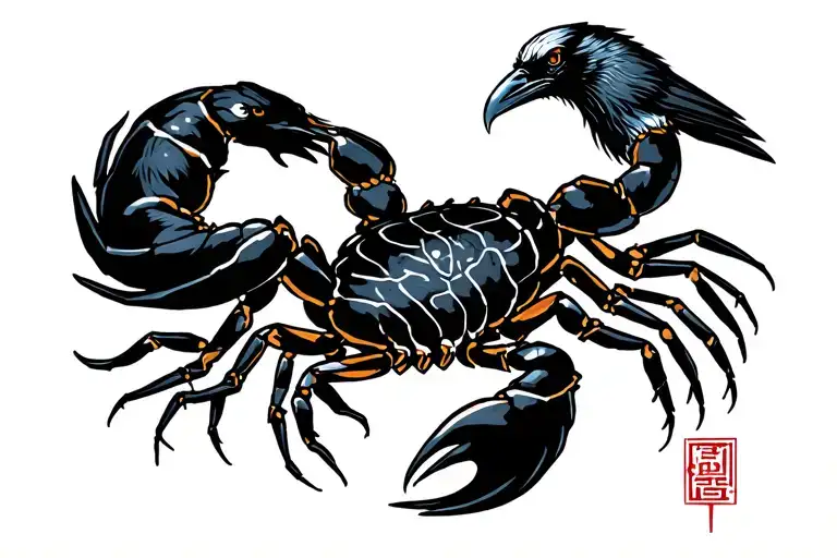 scorpion with raven with Slavic runes and date tattoo design idea