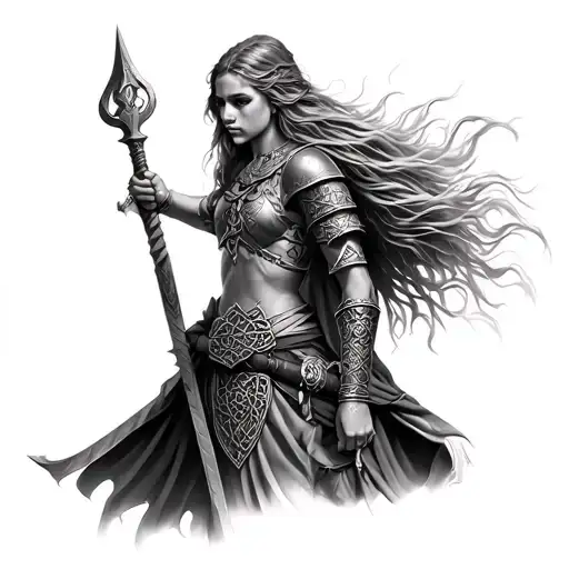 Create a realistic black-and-grey tattoo illustration of Lady Dingwall, a Celtic-Viking warrior woman from 13th-century  tattoo design idea