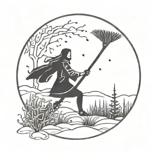 Witchcraft with a broom, hemlock and the moon tattoo design idea
