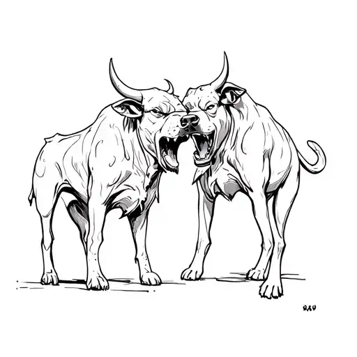a bull and a stray dog starring angry at each other  tattoo design idea