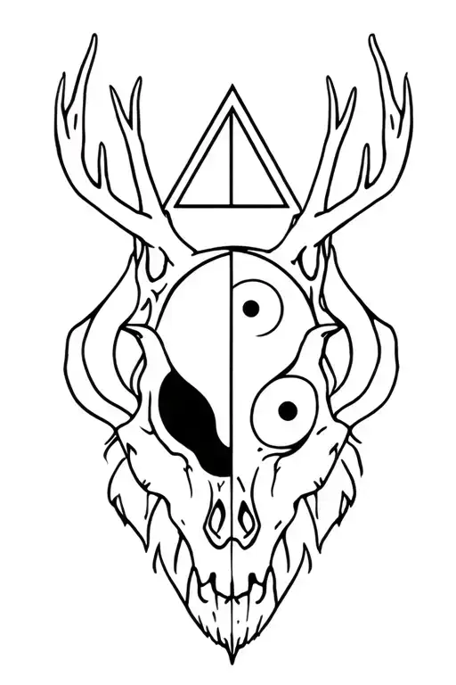 wolf , stag, bison skull with illuminati and yin and yang in peas sign tattoo design idea