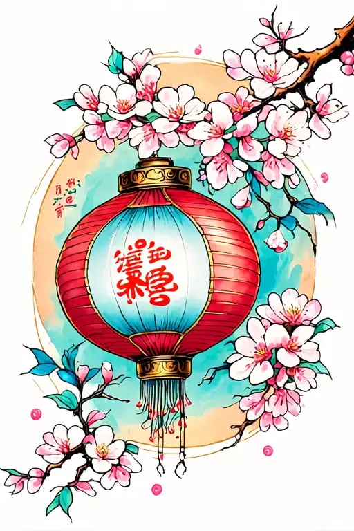 chinese lantern and jellyfish and cherry blossom branch tattoo design idea