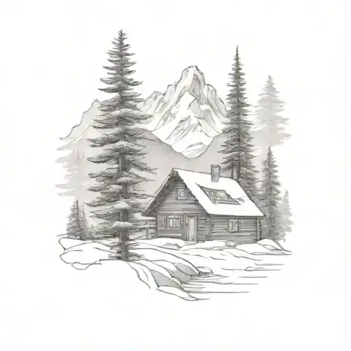 Mountain Scene pine trees cabin snowy tattoo design idea