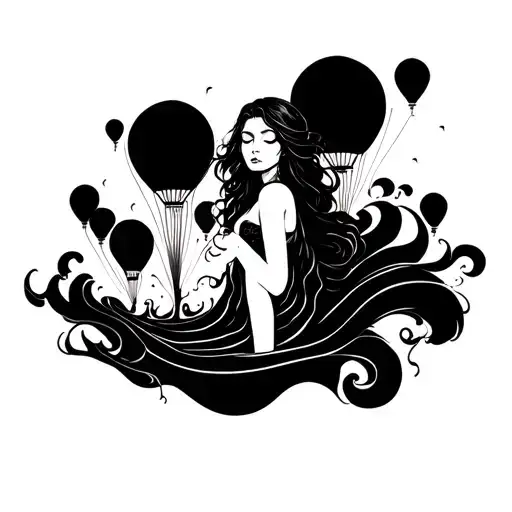 A melancholic female figure surrounded by swirling lines and hot air balloons tattoo design idea
