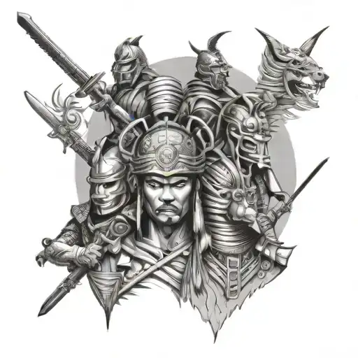 Combine imagery of Japanese samurai warriors with Egyptian pharaohs in a psychology-inspired tattoo design tattoo design idea