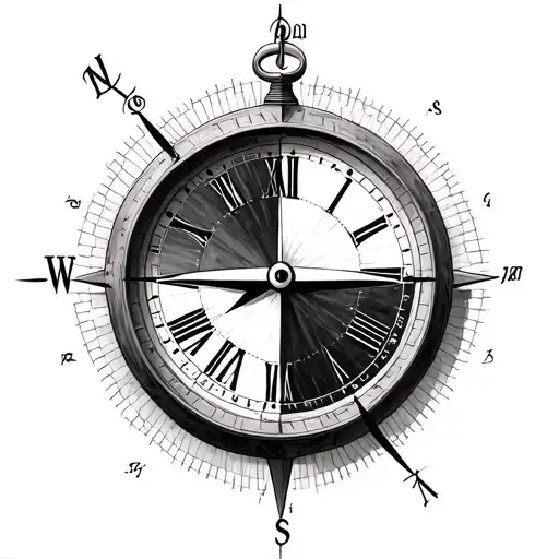 half clock half compass with coordinants tattoo design idea