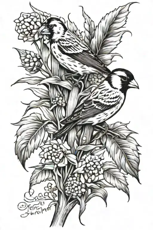Stalk of corn with a goldfinch perched tattoo design idea