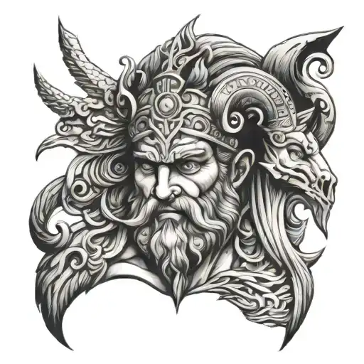 Greek mythology mixed with vikings head tattoo design idea