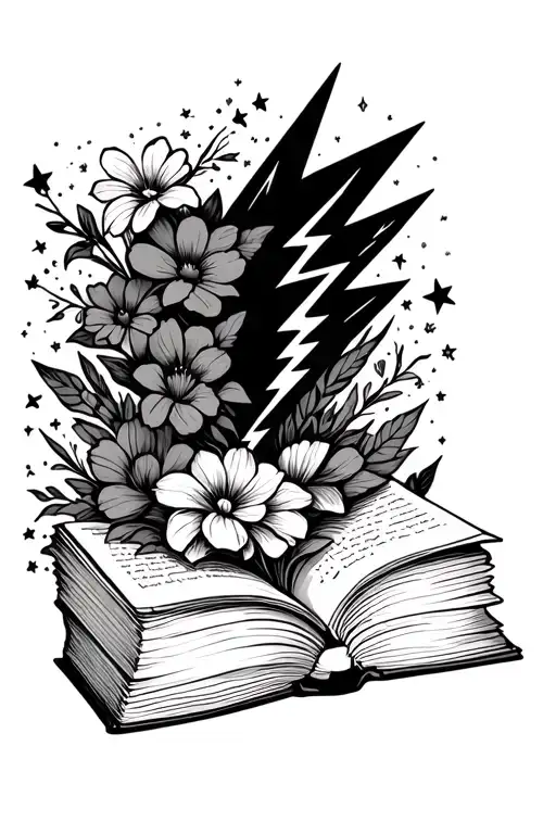 simple line drawn open book with stars, flowers, lightning bolt swirling out of it tattoo design idea