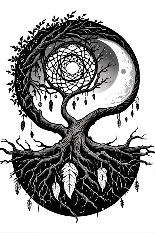 tree of life, moon, and dream catcher entangled tattoo design idea