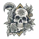 skull and bones over an ace of spades. stylized roses in background tattoo design idea