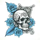 skull and bones over an ace of spades. stylized roses in background tattoo design idea