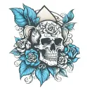 skull and bones over an ace of spades. stylized roses in background tattoo design idea
