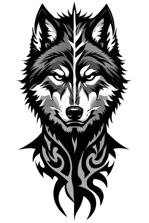 a powerful muscular man merging with a wolf spirit, half-human half-wolf face, intense expression, black and grey realis tattoo design idea
