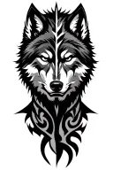 a powerful muscular man merging with a wolf spirit, half-human half-wolf face, intense expression, black and grey realis tattoo design idea