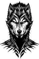 a powerful muscular man merging with a wolf spirit, half-human half-wolf face, intense expression, black and grey realis tattoo design idea
