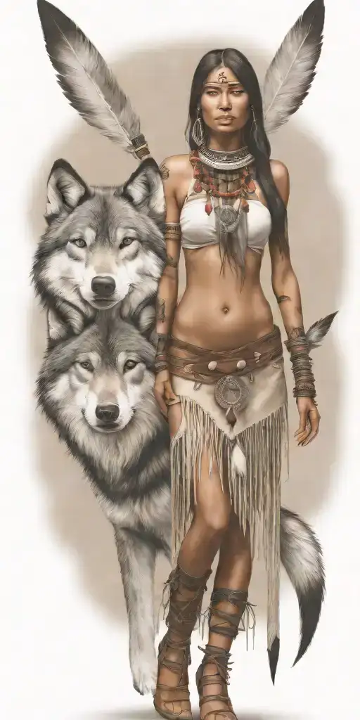 young adorable navajo woman full body  wolf tattoo design idea
