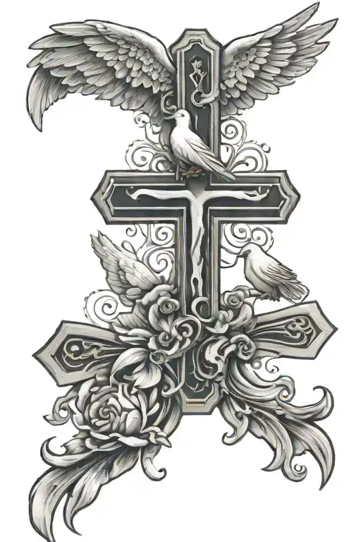 religious cross with two doves  tattoo design idea