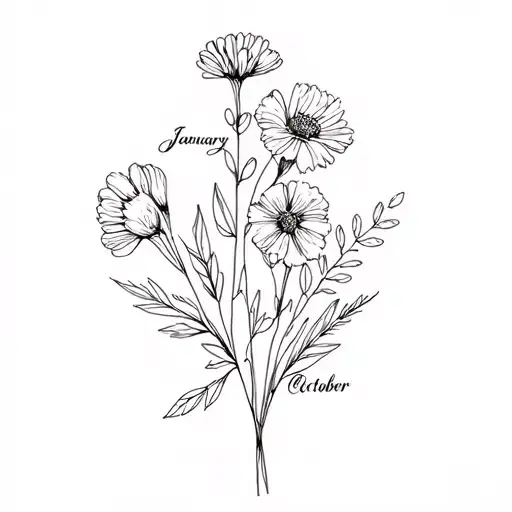 a fine line minimalist birth flower bouquet with the months january august and october  tattoo design idea