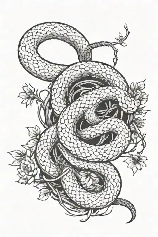 A sketch of a tattoo on the whole arm in the style of Japan, a white long snake crawls along a branch of a Chinese magno tattoo design idea