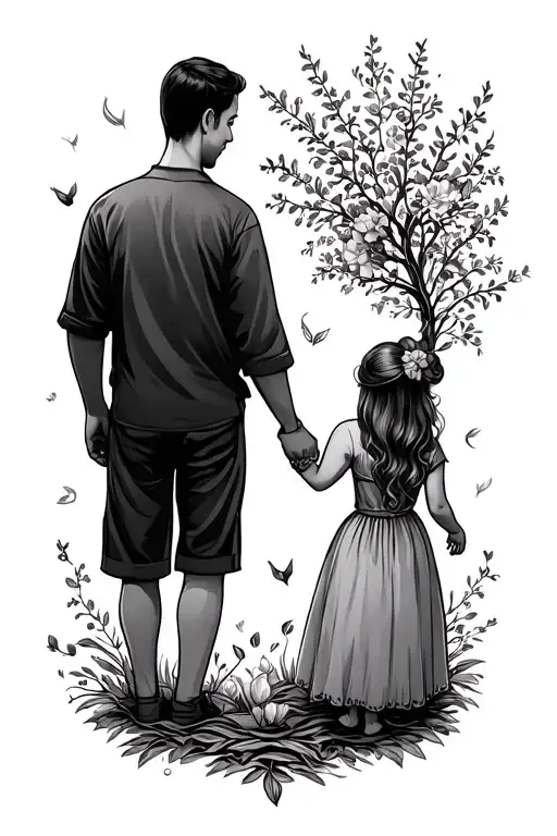 Family, father and daughter holding hands. Thick filler tattoo design idea