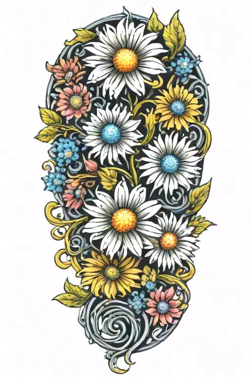 Colorful daisies  intertwined around a vine tattoo design idea