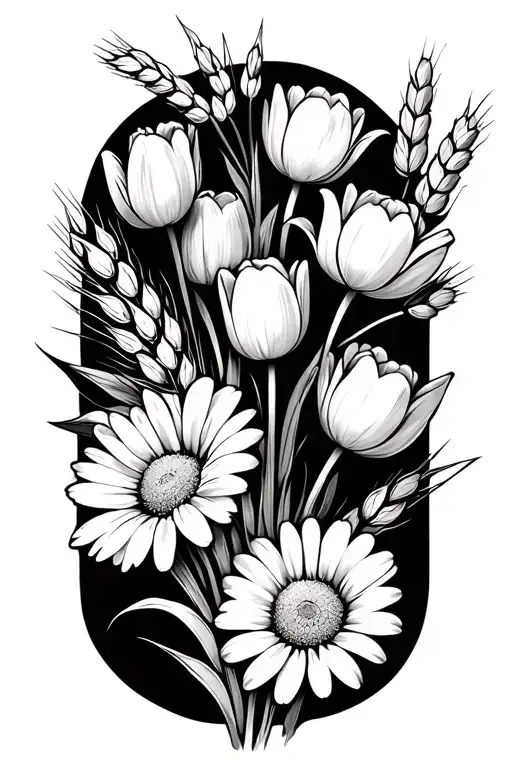 A Simple bouquet with the flowers Madia should be in focus Daisy, Tulips, Branch of a hemp vine, and wheat and malt. tattoo design idea