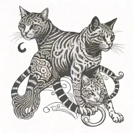 fish and ginger cat and a brown cat playing tattoo design idea