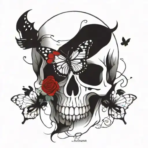 skull with red roses and small butterflies witht he quote i am free  tattoo design idea