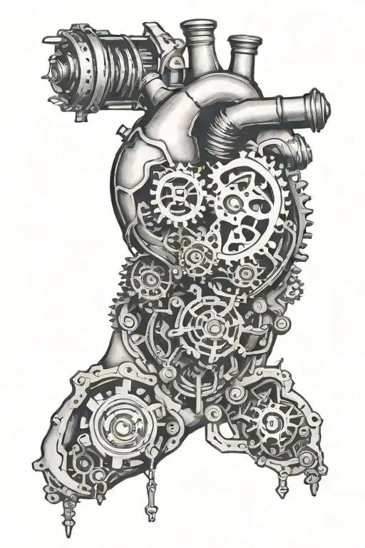 mechanical hand holding a heart with gears tattoo design idea