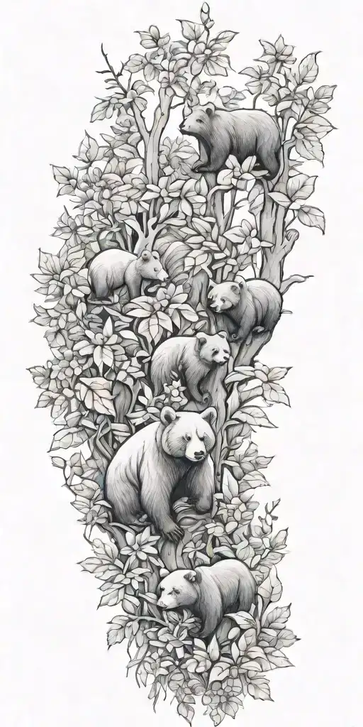 A serene forest scene with bears, squirrels, raccoons, and owls among lush plants tattoo design idea
