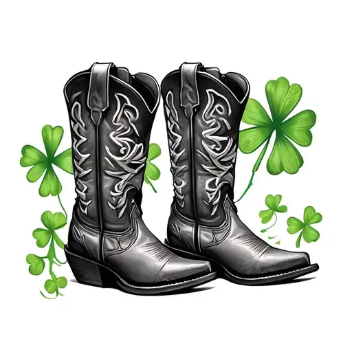 horseshoe barbwire five leaf clover cowgirl boots tattoo design idea