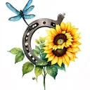 horseshoe with sunflower and dragonfly watercolor tattoo tattoo design idea