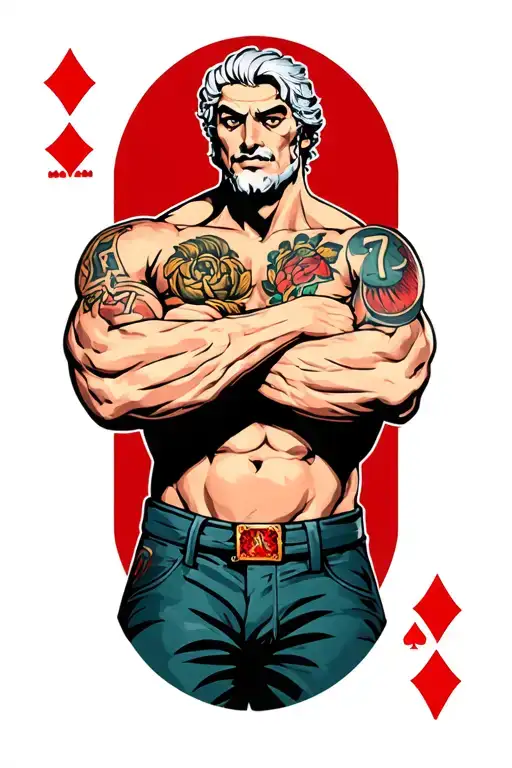 muscular old Hermes with the 7 of diamonds in his right hand, 2 of spades in his left, arms crossed across his chest tattoo design idea