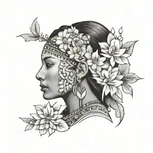 face of an indigenous woman surrounded by flowers around a tattoo design idea