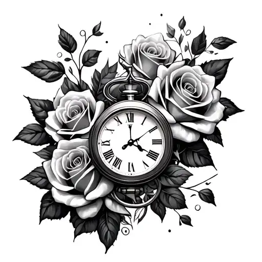 roses and clock face tattoo design idea