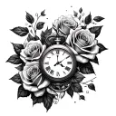 roses and clock face tattoo design idea