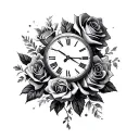 roses and clock face tattoo design idea