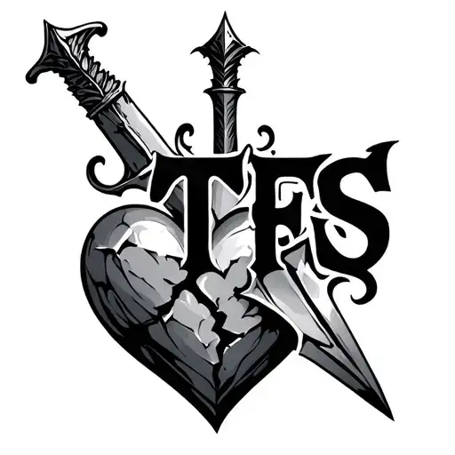 "TFS" dagger with broken stone heart tattoo design idea